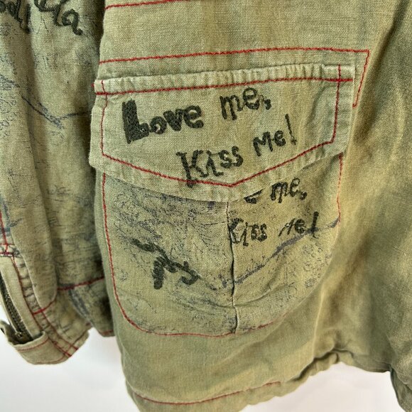 Desigual Embroidered Distressed Green Hooded Jacket Sz M Eclectic Edgy Artsy - Picture 16 of 16